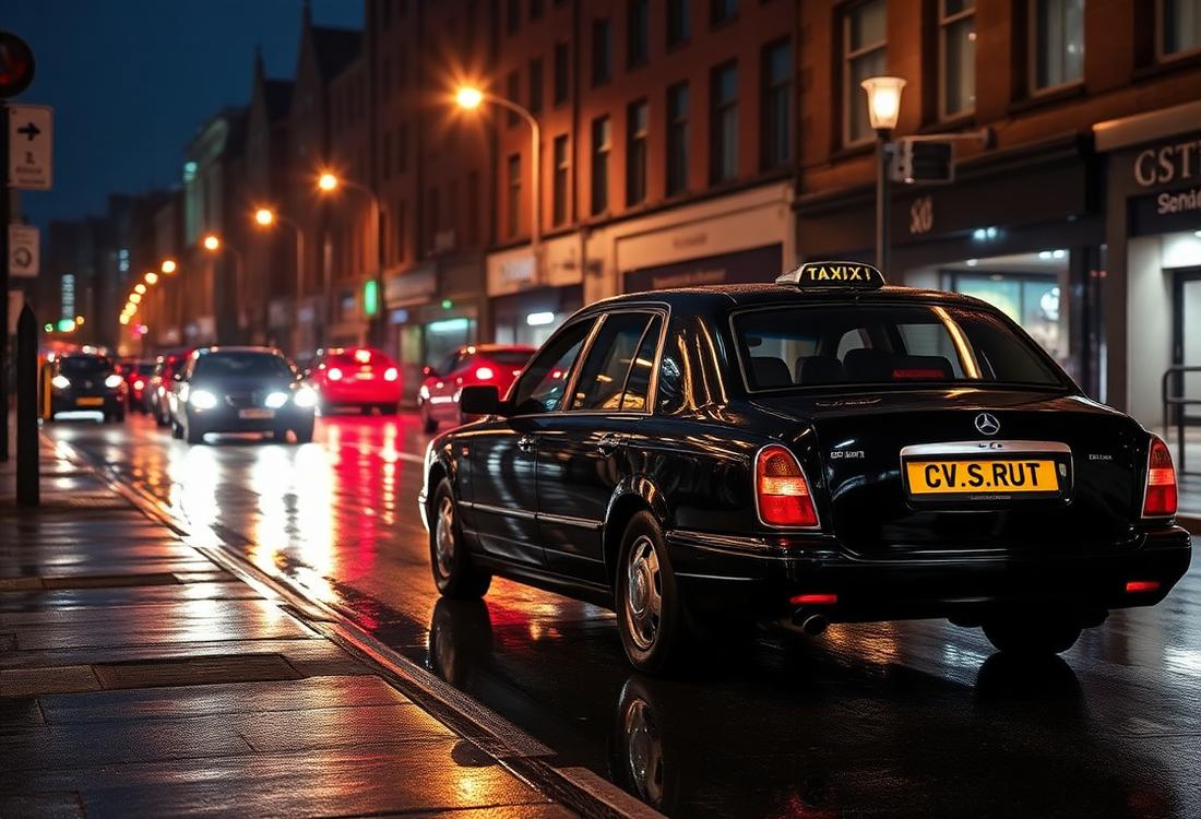 Licensed private hire car waiting on a Manchester street at night